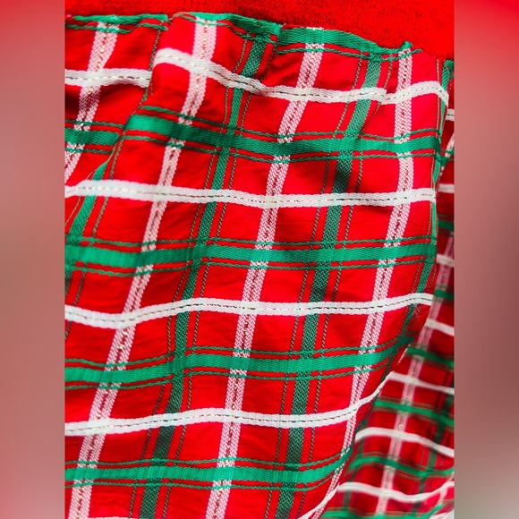 VTG 80s Red Ornamental Holiday Sweatshirt Dress w/Green gold plaid ruffle bottom - Picture 5 of 12